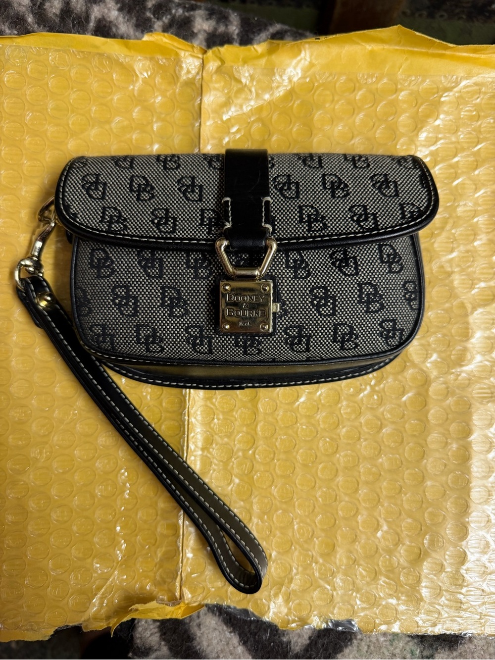 Dooney & Bourke Black Logo Wristlet Clutch with Gold Hardware